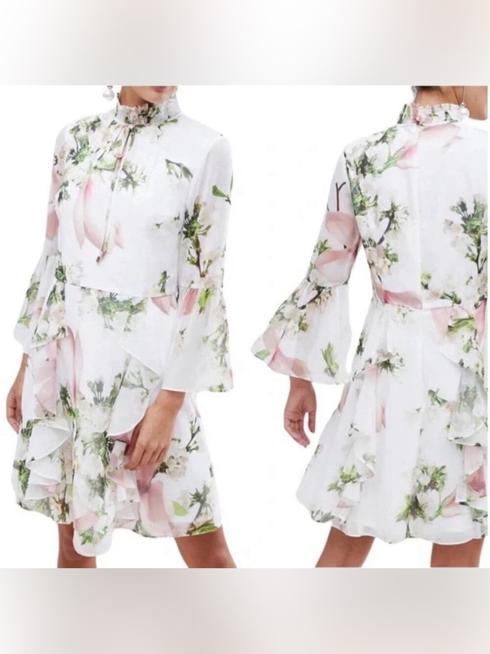 Ted Baker Beccaa Harmony Ruffle Bow Neck Dress Floral Print SZ 2 (US 6)
